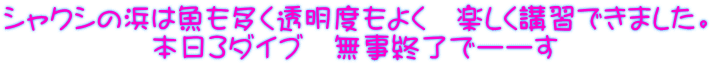 シャクシの浜は魚も多く透明度もよく　楽しく講習できました。 本日３ダイブ　無事終了でーーす